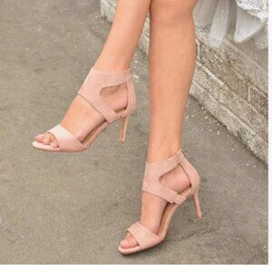 XYD Nude Open Toe Sandals Ankle Wrap Back Zipper Mid Heels Cutout Strappy Shoes